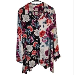 Chico's Floral Tunic Length Button Up Long Sleeve Blouse, Chico's 3 16/18